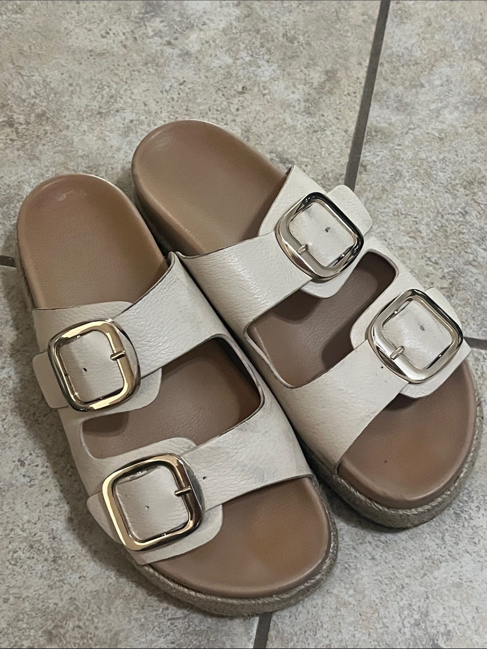 Mia Women's Cream Double-Buckle Slide Sandals